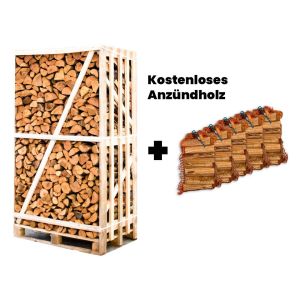 Palette Erle Brennholz 25cm + gratis 5 Netzsäcke Anzündholz 